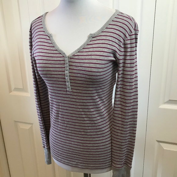 COPY - BCBG Gray Purple Striped Henley Top L/S Med - Picture 4 of 5